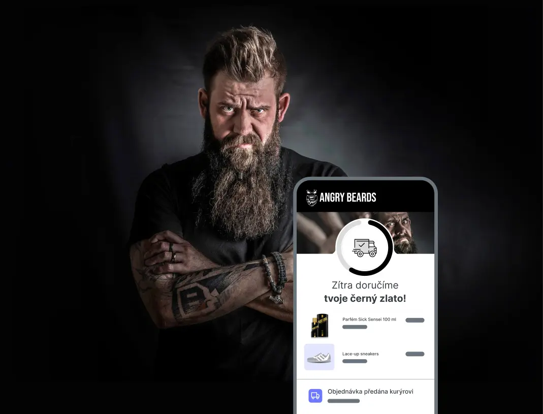 Ukázka trackovací stránky na mobilu s brandingem Angry Beards